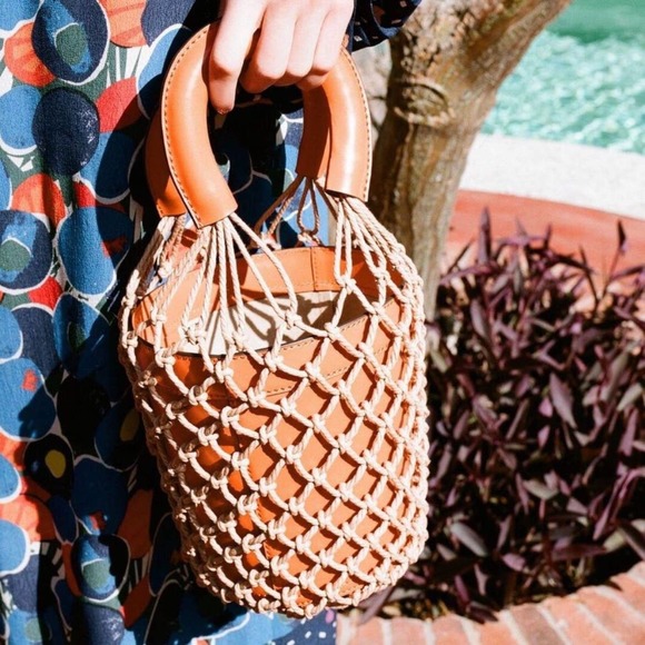 SOLD- Staud Mareau Cage Bucket Bag Brown Leather Tan Rope Net Double Handle - Picture 2 of 12